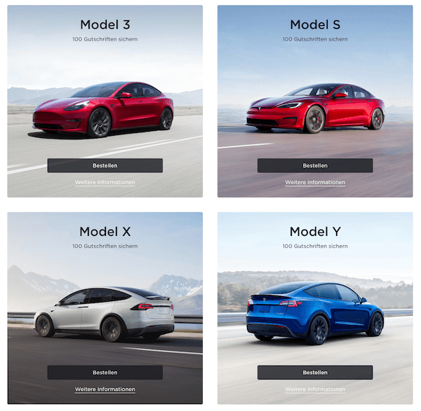 Ein Foto aller Tesla Fahrzeuge die für eine Tesla Referral Code Einlösung geeignet sind